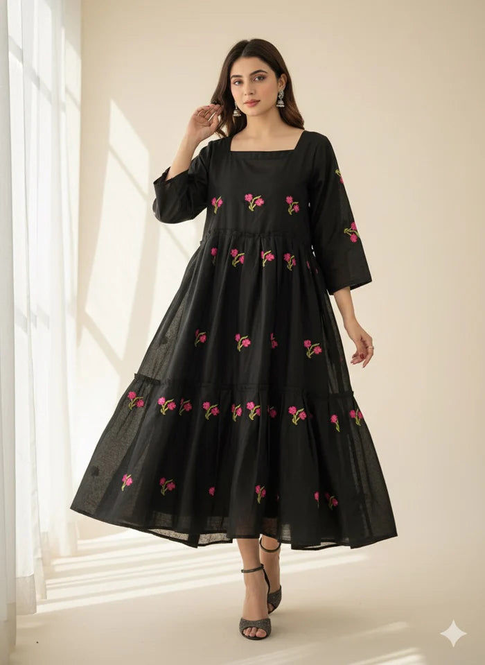 Coco Black - Embroidered Cotton Frock