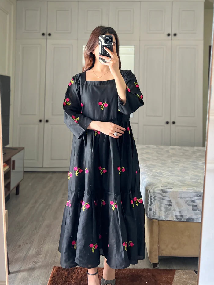 Coco Black - Embroidered Cotton Frock