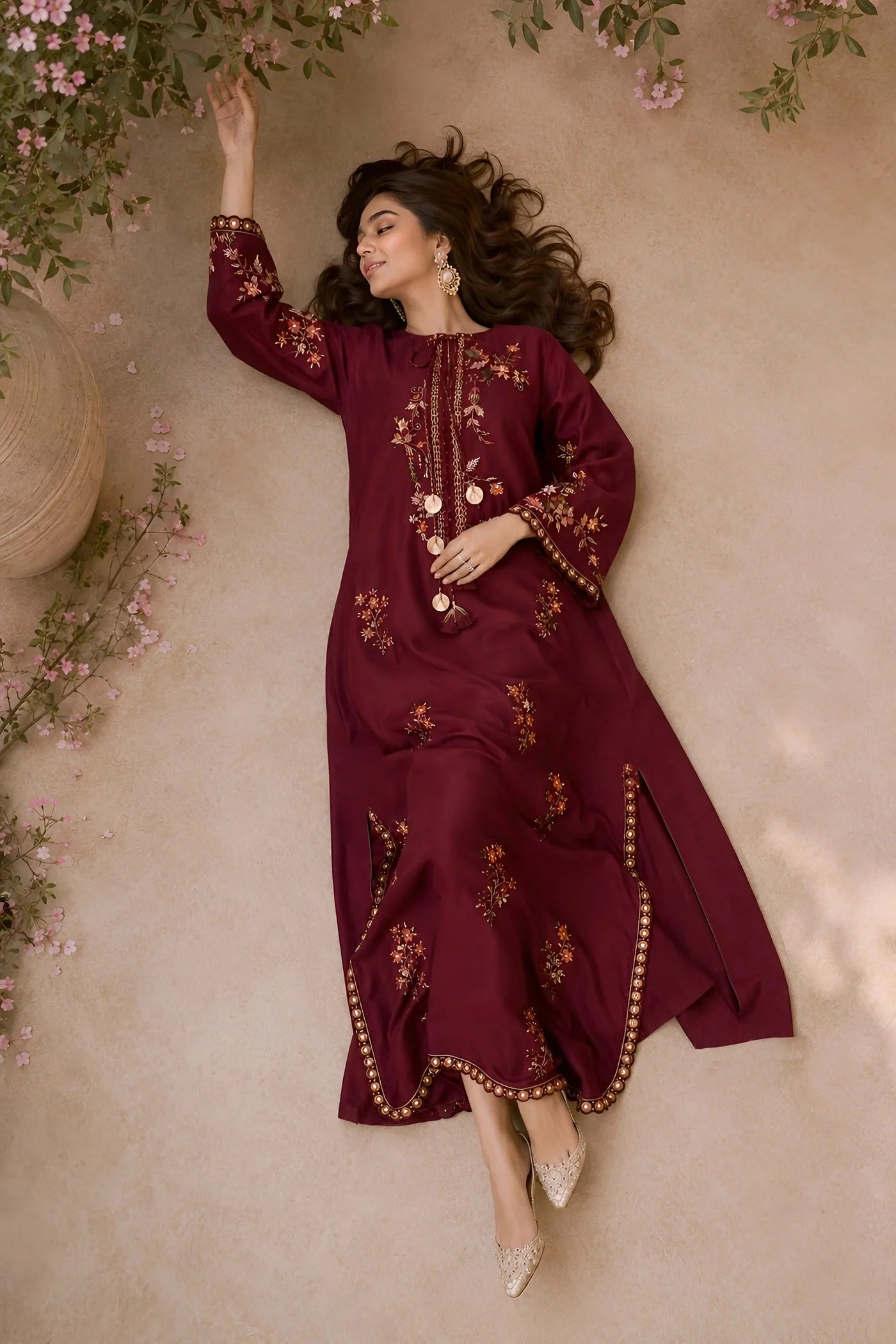 Maroon luxe kaftan 2pc.